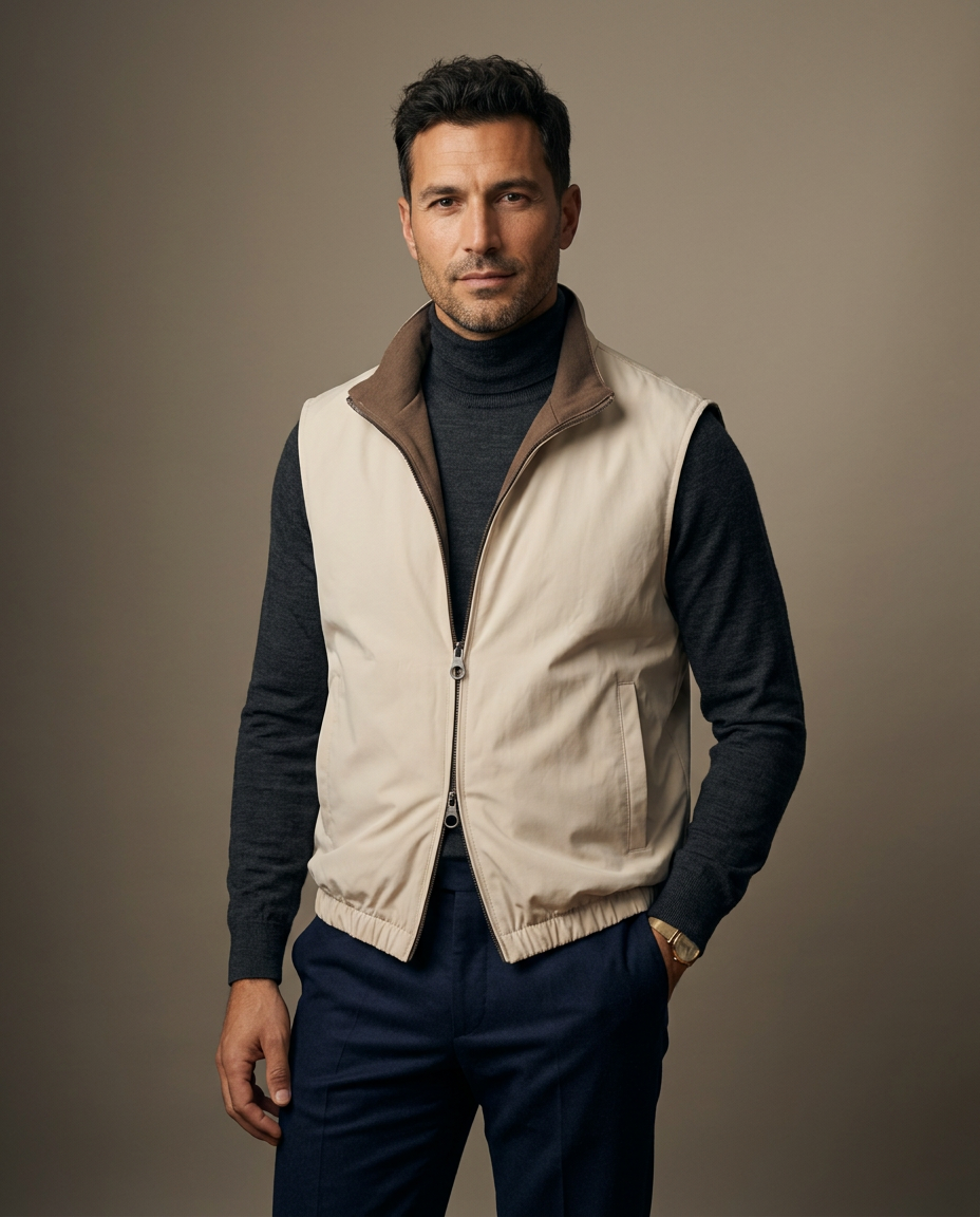 Gilet Réversible – lifestyle beige sida med polotröja