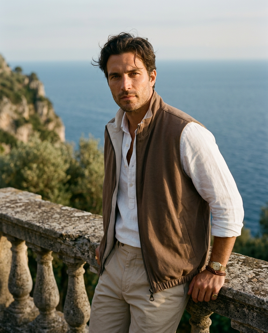 Gilet Réversible – beige sida öppen med polo